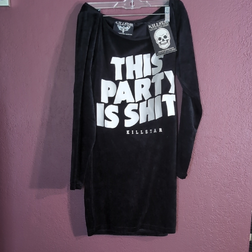 NWT Discontinued Killstar Black Velvet Dress with Bold White Text